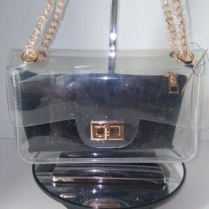 Elegant Clear/Black Crystal-Embellished Removable Pouch Bag
